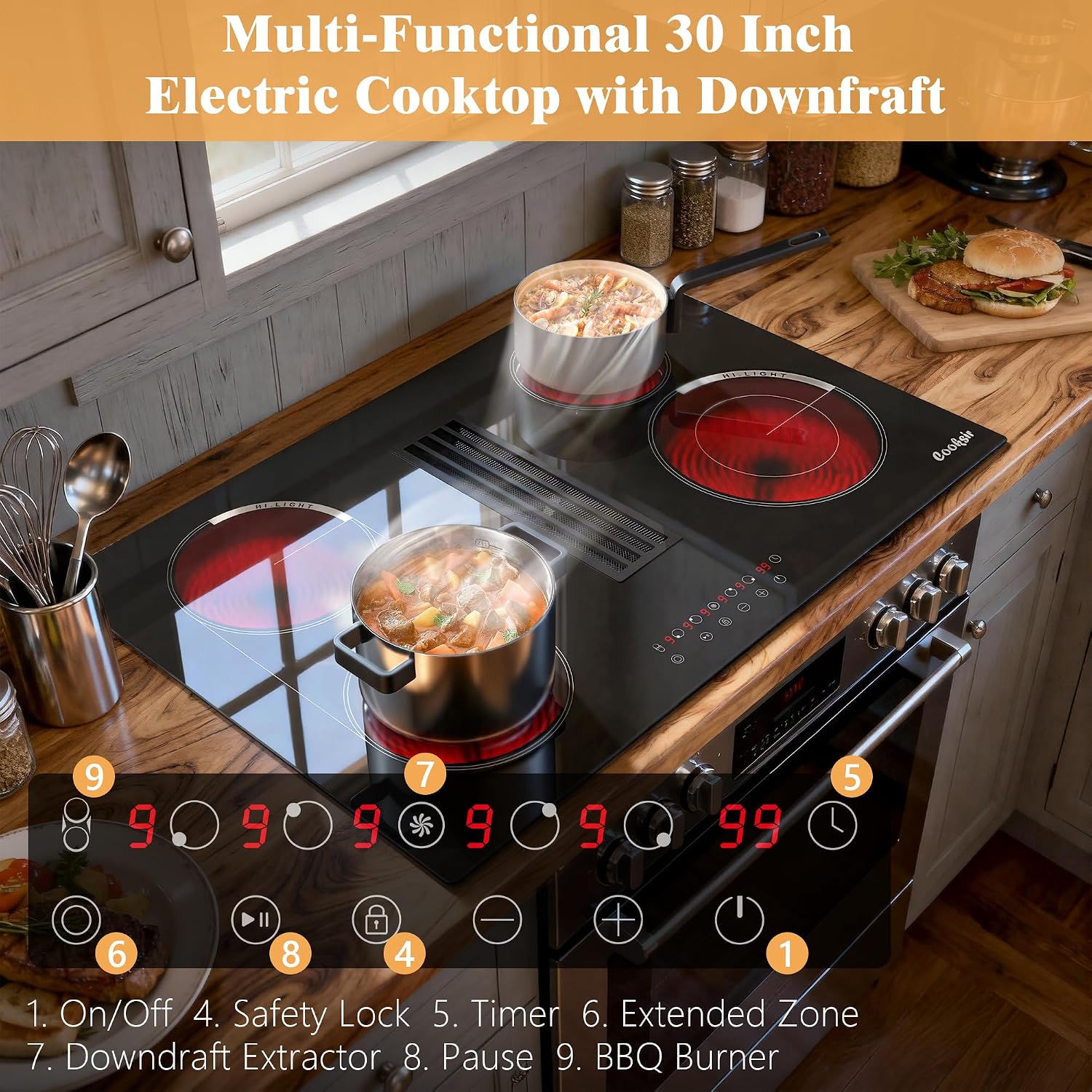 30 Inch Electric Cooktop with Ductless Downdraft - 4 Burner Built-in Stove 7400W, 30' Electric Stove Downdraft Range Hood 135W, Timer, Safety Lock, 220V Hard Wired, Recirculating Air Vent