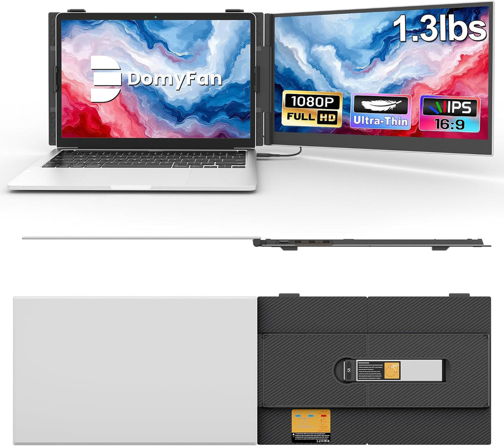 domyfan 14' Laptop Screen Extender, Ultra-Thin Portable Dual Laptop Monitor Extender with FHD 1080P IPS Display, Plug & Play via HDMI/USB-A/Type-C for 13-17' Laptops, Works with Windows/Mac/Android