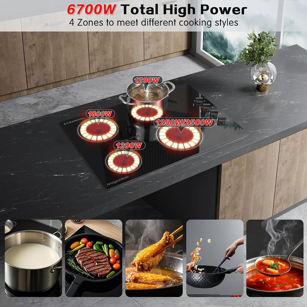 Electric Cooktop 30 Inch - 4 Burners Built-in Ceramic Cooktop, 30' Radiant Electric Stove Top with Knob Control, Hot Surface Indicator, 6700W, 220-240V Hard Wire(No Plug)