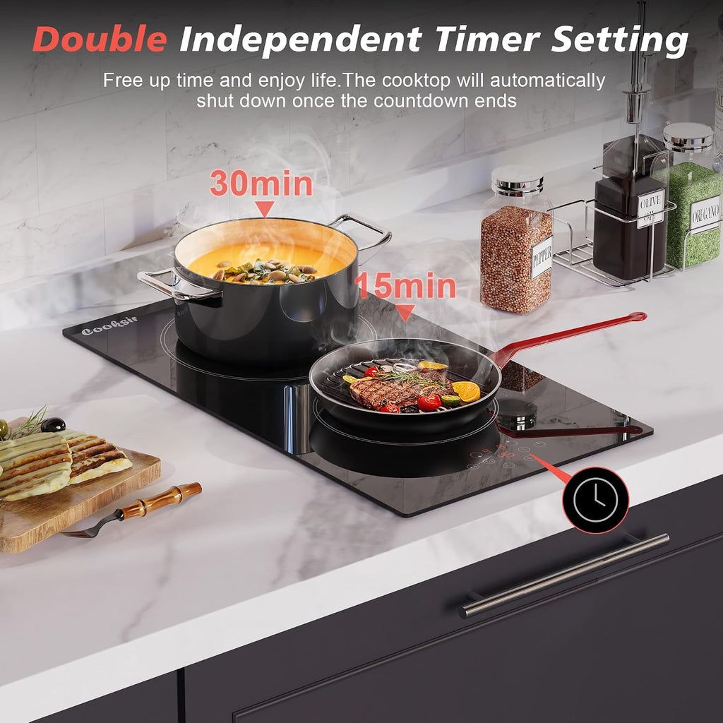 2 Burner Electric Cooktop, 12 inch Electric Stove Top 3000W, Double Burners Ceramic Cook Top with 9 Power Levels, Safety Lock, Timer, Sensor Touch Control, 220-240V Hard Wired (No Plug)