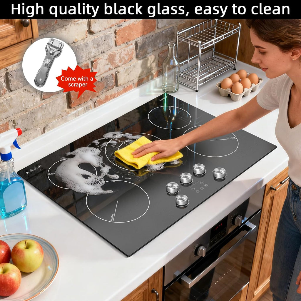 Karinear Electric Cooktop 30 Inch, 5 Burner Radiant Cooktop with Knob & Touch Control, 8500W 240V Built-in Stove Top, 9 Power Levels, Timer, Child Lock, Pause, Residual Heat Indicator(Sliver Knob)