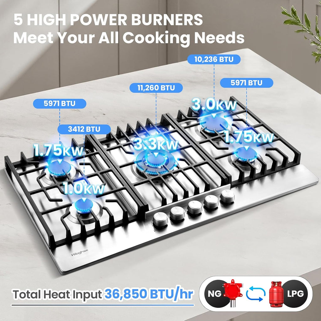 36 Inch Gas Cooktop with 5 Sealed Burners, Stainless Steel Propane Stove Top, NG/LPG Convertible, Built-in Stovetop with Thermocouple Protection for Rvs Kitchen Outdoor