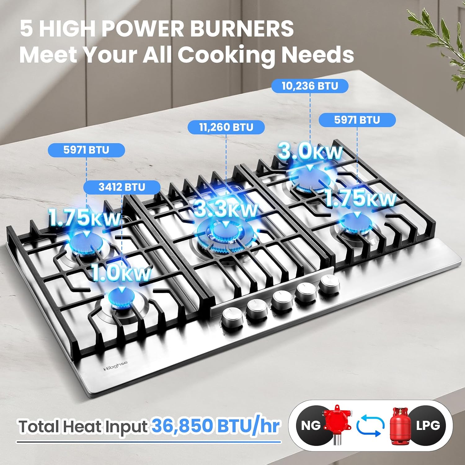 36 Inch Gas Cooktop with 5 Sealed Burners, Stainless Steel Propane Stove Top, NG/LPG Convertible, Built-in Stovetop with Thermocouple Protection for Rvs Kitchen Outdoor