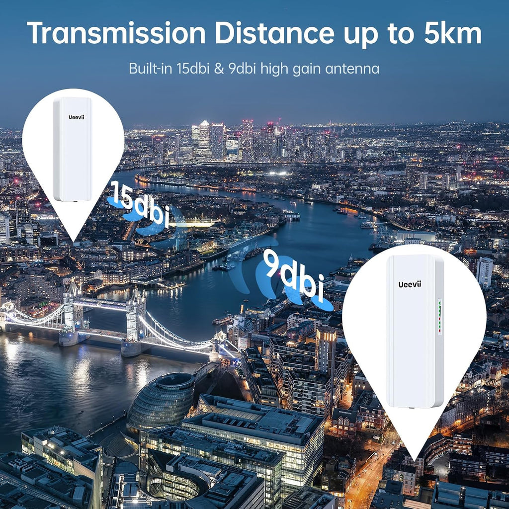 UeeVii 2.4G & 5G Dual Band Wireless Bridge, IP65 Outdoor Point to Point WiFi Bridge CPE5824 with 2 1000Mbps RJ45 Port,16dBi High-Gain Antenna, 5KM Long Range, 24V PoE Power, for Barn Shop Garage