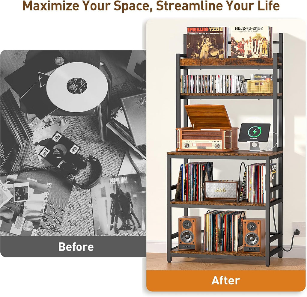 Record Player Stand with Vinyl Storage, 5-Tier Turntable Stand Holds Up 500+ Albums, Large Record Player Table with Charge Station & CD/DVD Storage Rack, Vinyl Record Stand for Living Room, Bedroom
