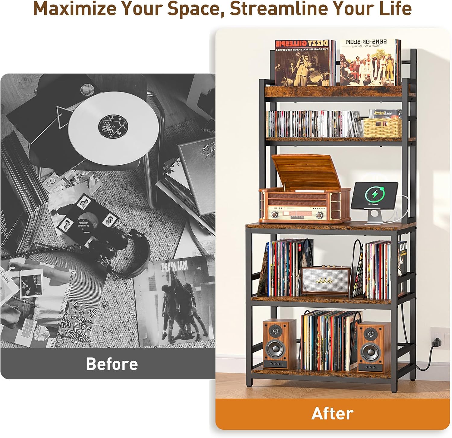 ikkle Record Player Stand with Vinyl Storage Shelf & CD/DVD Rack, 5-Tier Record Player Table w/Charging Station, Turntable Stand Vinyl Record Organizer for Living Room Bedroom, Holds Up 500+ Albums