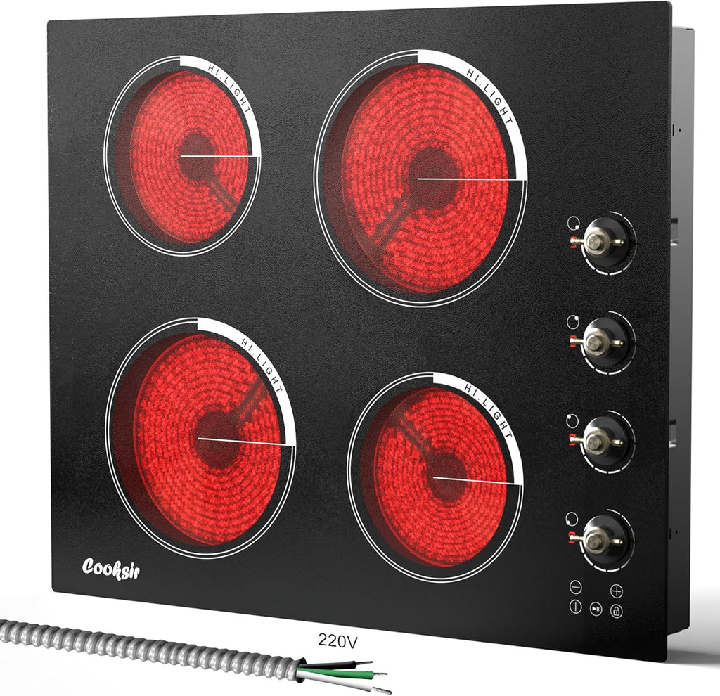 24 Inch Electric Cooktop - 4 Burner Built-in(22.05'x19.3') Glass Ceramic Stovetop 6000W, 220V Electric Stove Touch and Knob Control, Safety Lock, Pause, 99 Min Timer, 240V Hard Wire(No Plug)