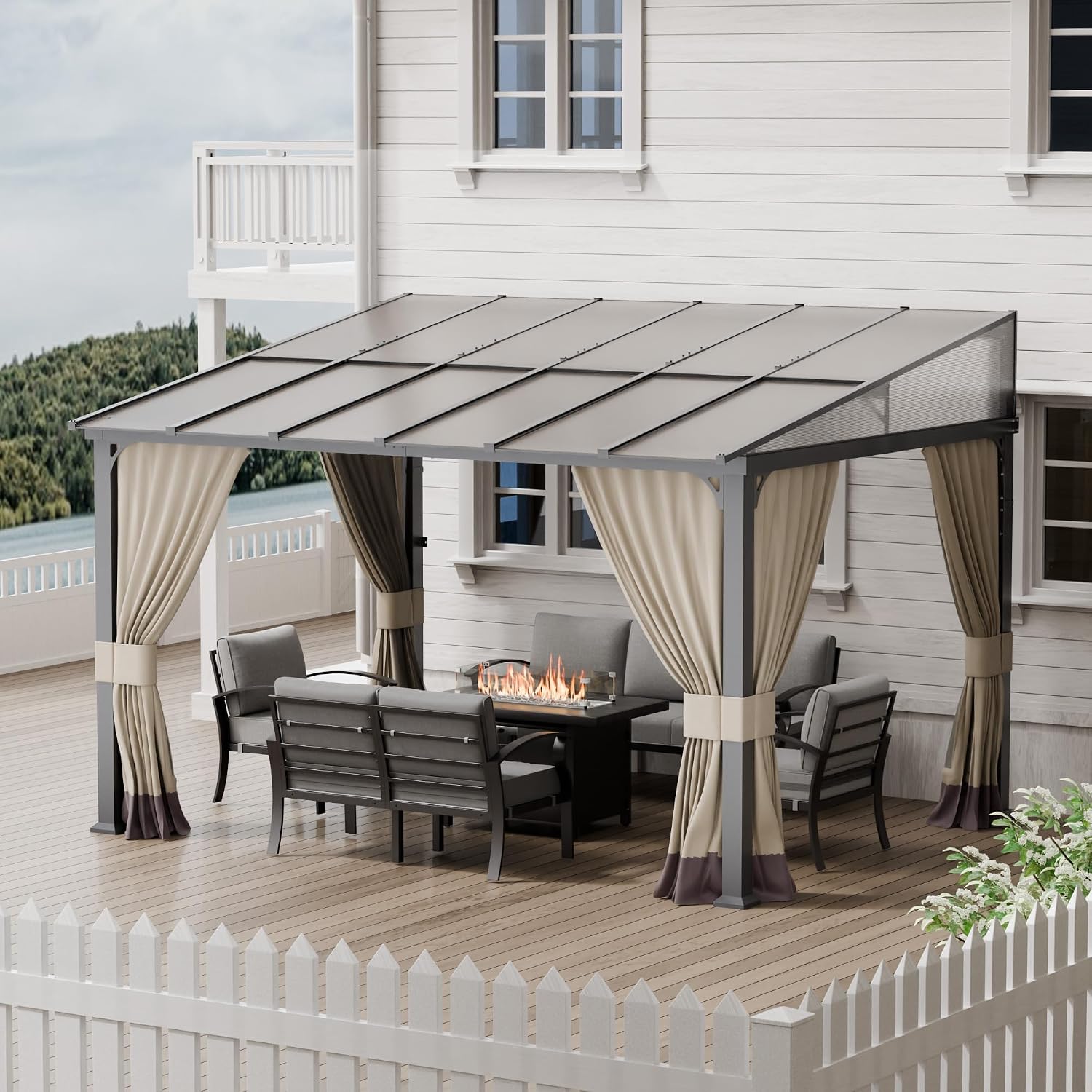 10x12FT Gazebo, Hardtop Wall Mounted Gazebo with Sloping Sun Panel Roof, Awnings for Patio with Metal Frame, Double Curtains for Garden, Lawn, Backyard Deck, Sand