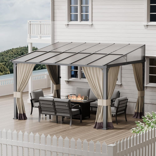 10x12FT Gazebo, Hardtop Wall Mounted Gazebo with Sloping Sun Panel Roof, Awnings for Patio with Metal Frame, Double Curtains for Garden, Lawn, Backyard Deck, Sand