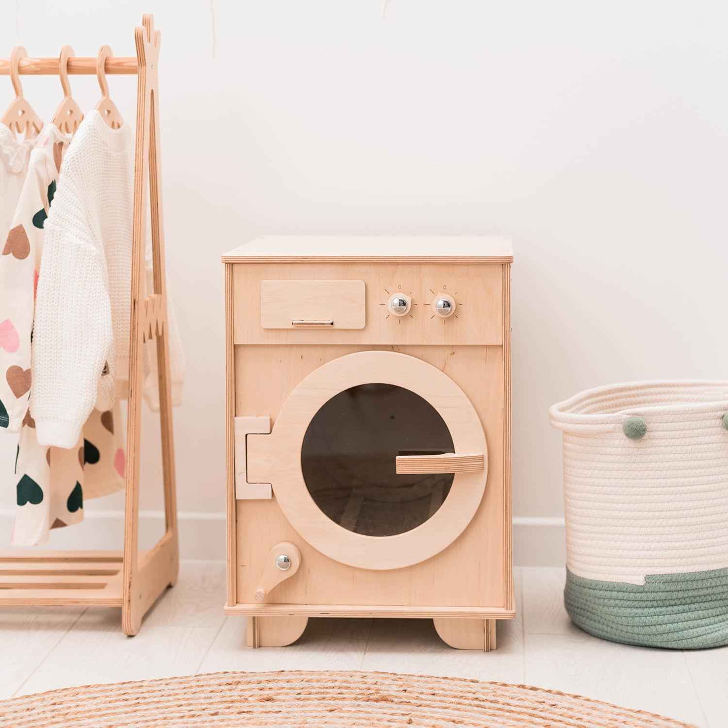 Toy Washing Machine Wooden Play Kitchen - Pretend Play Cleaning Set Washing Machine Toy for Kids - Pretend Play Toys for Toddlers Christmas Gifts for Children (Pink)