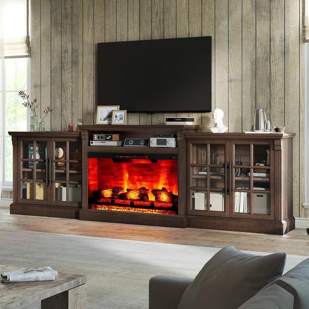 LUXOAK 97' Farmhouse TV Stand with 33' Fireplace for TVs up to 100', Media Entertainment Center with Large Storage Cabinet and Adjustable Shelves for Living Room, Rustic Brown