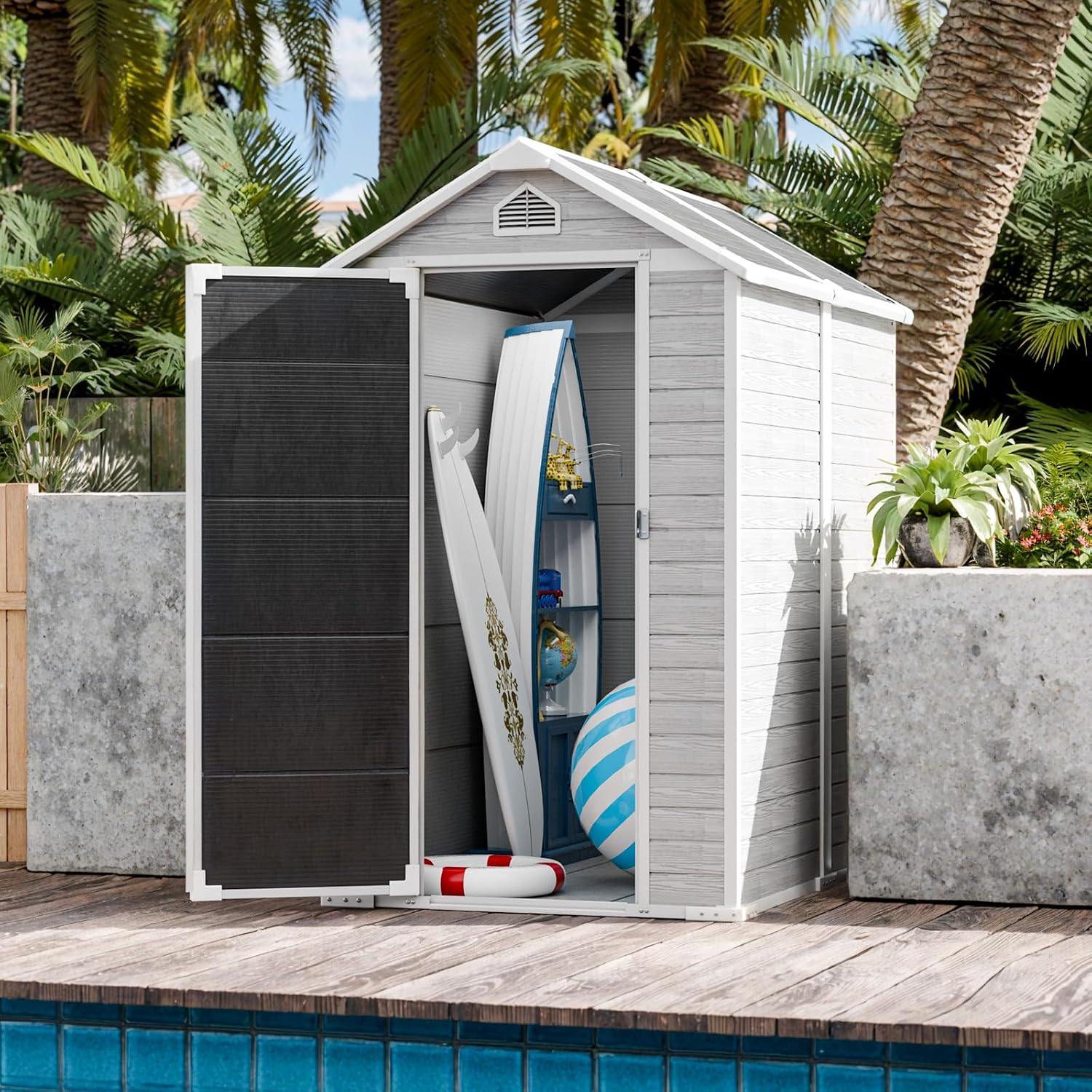 CDCASA 6x4 FT Resin Shed, Waterproof Outdoor Small Storage Shed with Floor & Lockable Door & Window & Vents, Plastic Tool Shed for Outside, Patio, Poolside, Grey