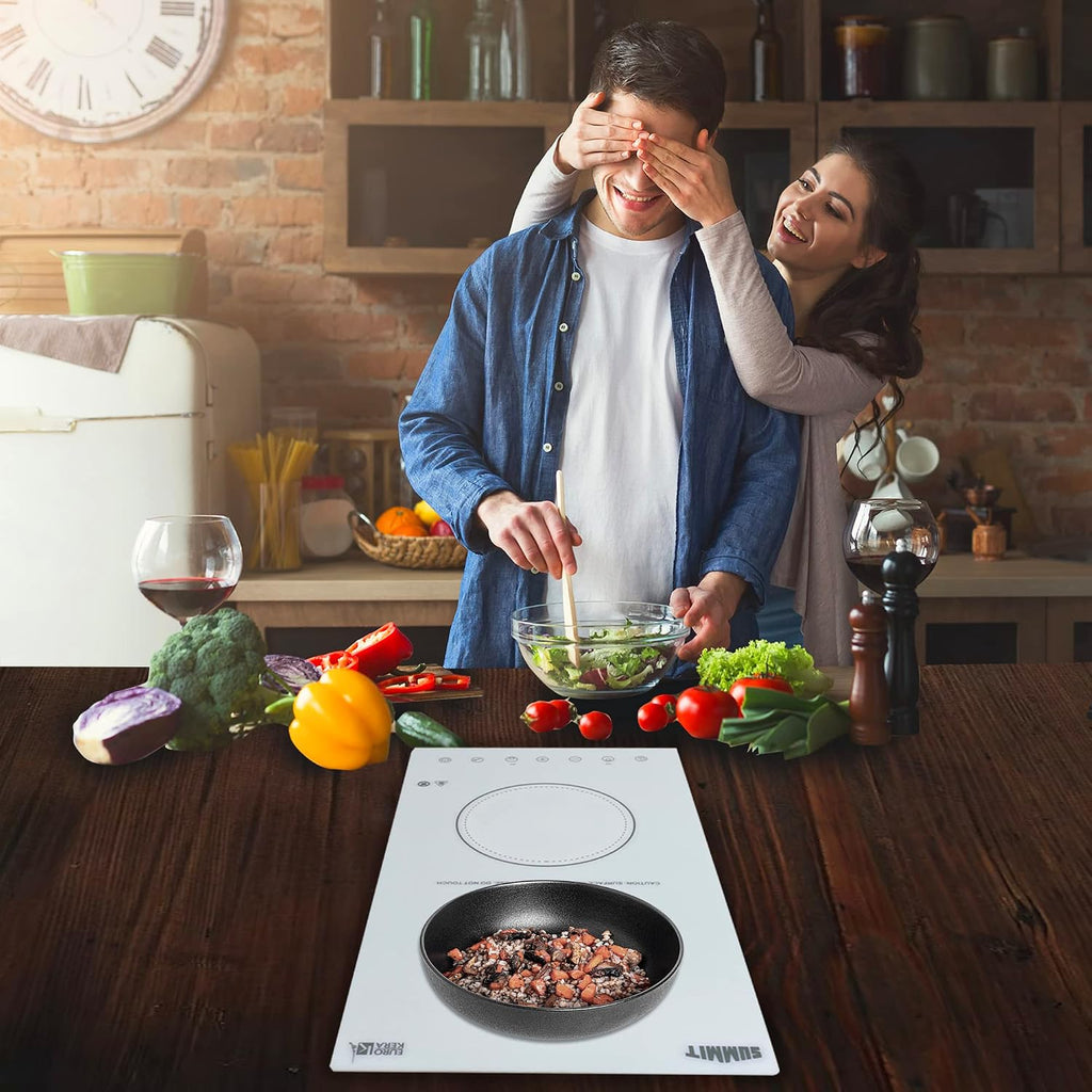 Summit Appliance CR2B15T2WTK15 115V 2-Burner Radiant Cooktop in White Ceramic Glass Surface with Digital Touch Controls & Stainless Steel Frame to Allow Installation in 15' Wide Counter Cutouts