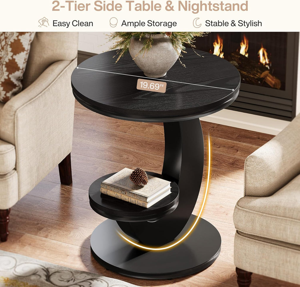 Tribesigns Round End Table, 2 Tiers Side Table with Storage Shelf, Sofa Side Bedside Nightstand with Wood Metal Arc-Shaped Frame for Small Spaces, Living Room, Bedroom, Easy to Assemble, Black (1PCS)