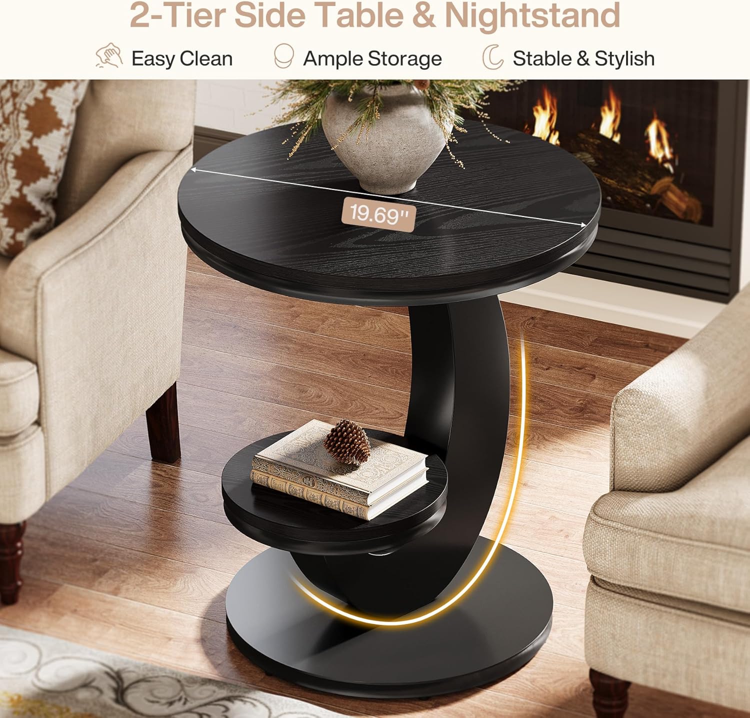 Tribesigns Round End Table Set of 2, 2 Tiers Side Table with Storage Shelf, Sofa Side Bedside Nightstand with Metal Arc-Shaped Frame for Small Spaces, Living Room, Bedroom, Black (2PCS)