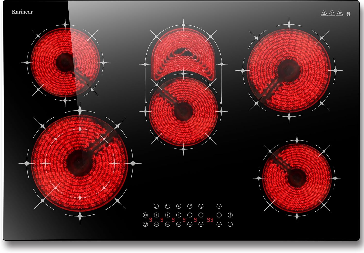 Karinear Electric Cooktop 30 Inch, 5 Burners Radiant Stovetop, Sensor Touch Control, Multi-functional Electric Ceramic Cooktop, Drop-in Install, 8400W 220V(No Plug)