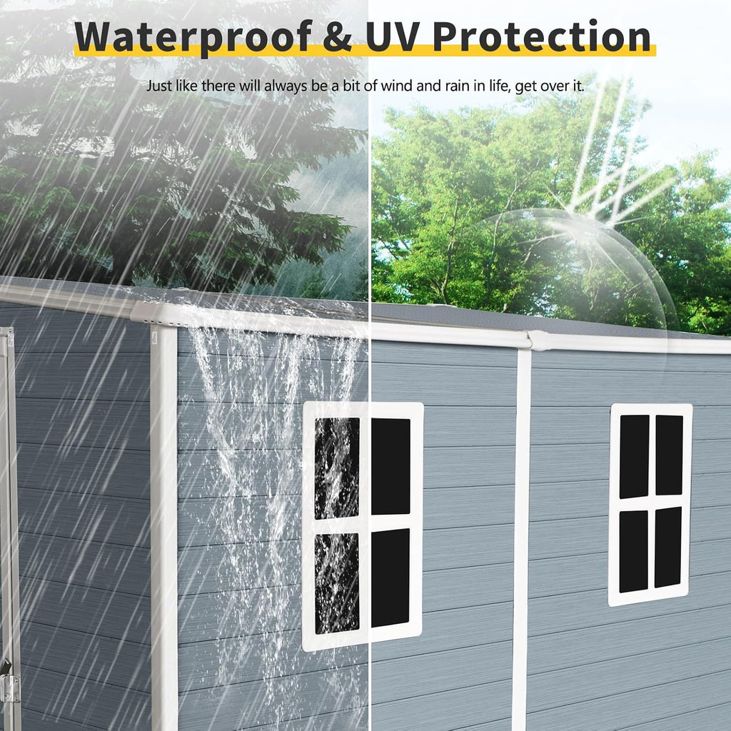 4' x 8' Outdoor Storage Shed, Resin Garden Shed with Windows, Lockable Door and Vents, Plastic Tool Storage for Patio Furniture, Lawnmower and Bike Storage, All Weather Use (4' x 8')