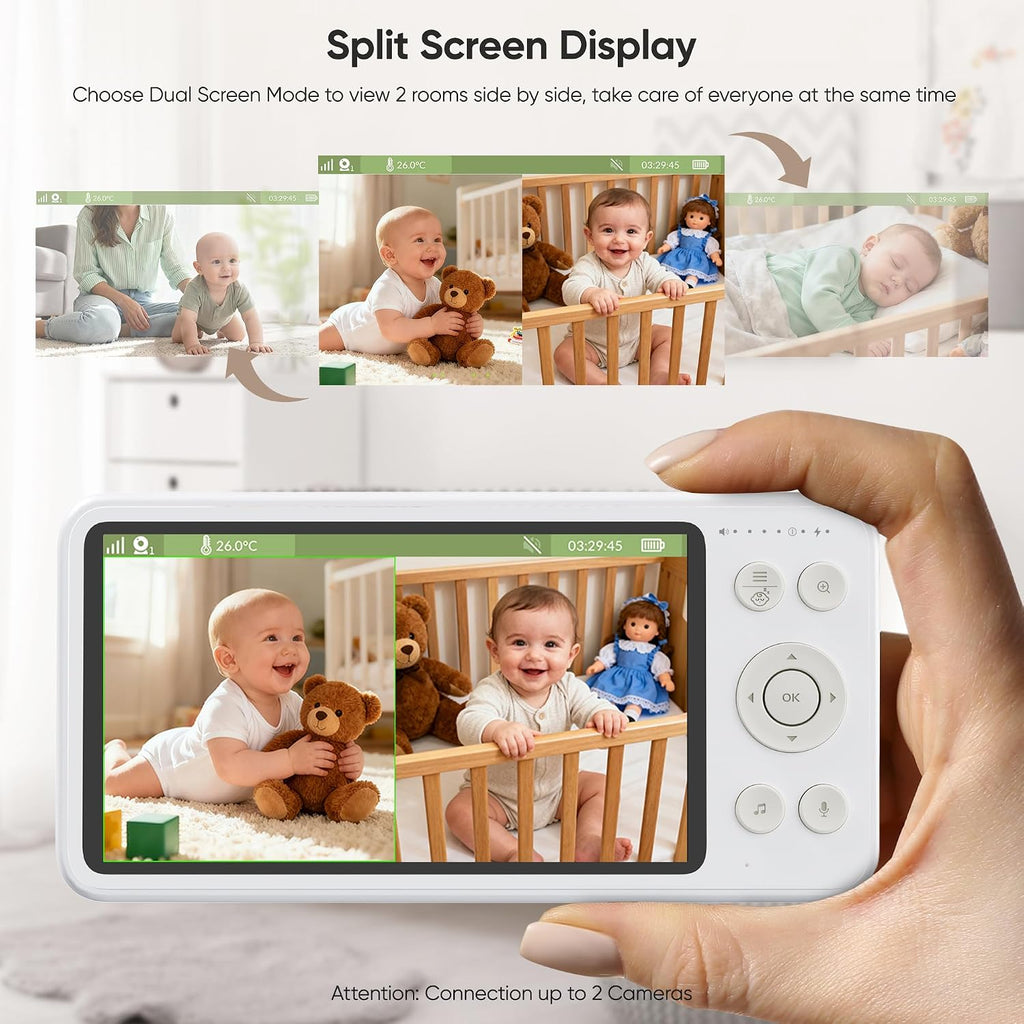 bonoch 2K 5.5' Split Screen Baby Monitor with 2 Cameras, 240hrs Battery Dual Video Monitor, White Noise, 1600ft Long-range, Hack-Proof No WiFi, Night Vision, Smart Detect for Cry/Sleep Turnover/Motion