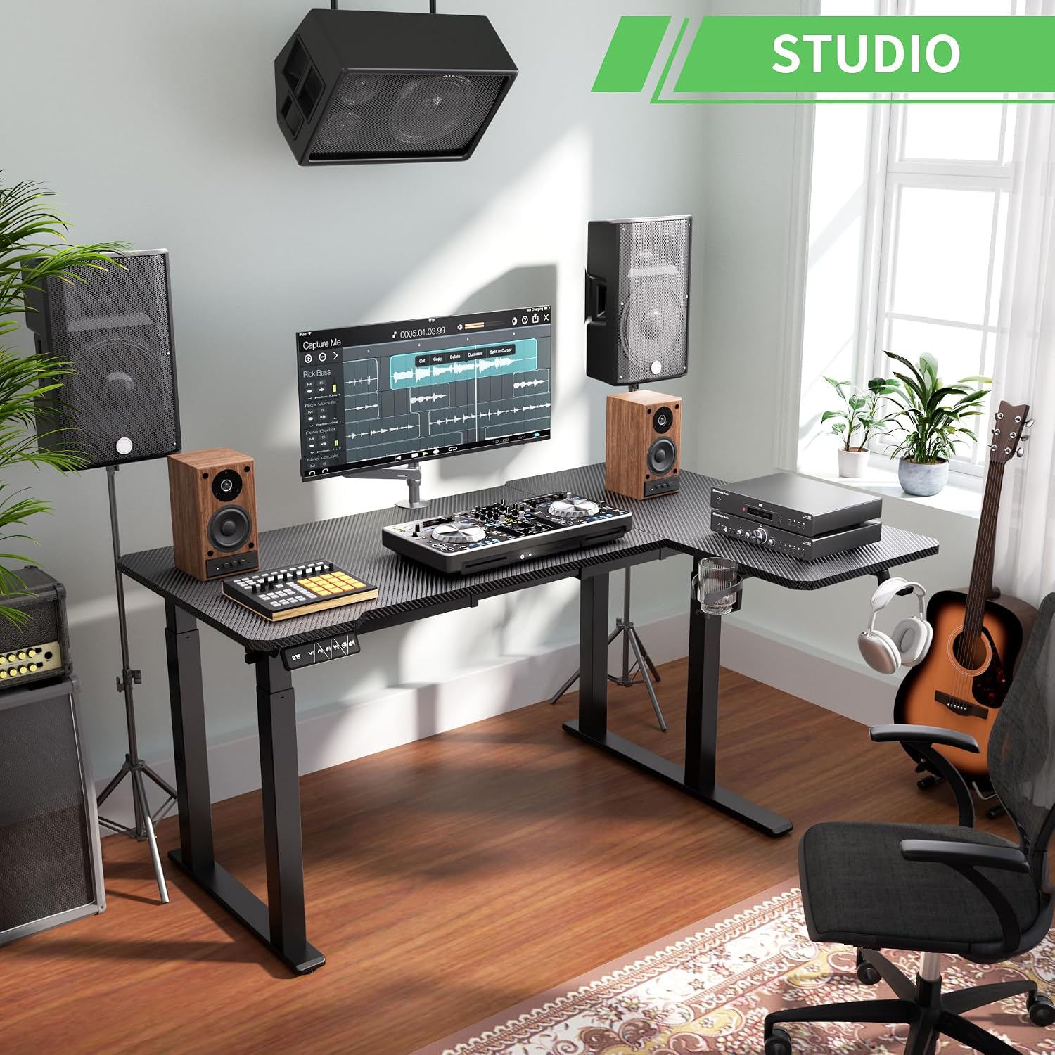 X-Win 63 Inches L-Shaped Electric Standing Desk, Dual Motor Height Adjustable Stand Up Corner Desk, Sit to Stand Workstation, Carbon Fiber Top