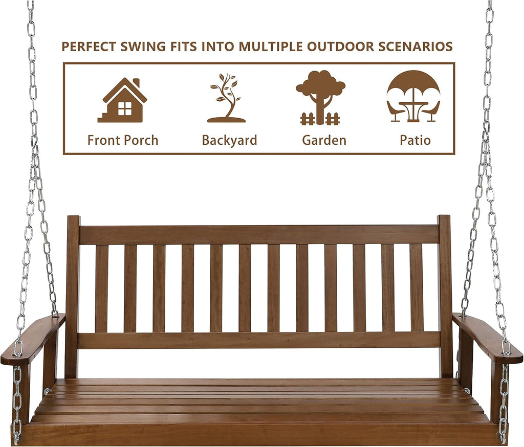 MUPATER Outdoor Patio Hanging Wooden Porch Swing 5FT with Chains, 3-Person Heavy Duty Swing Bench for Garden and Backyard, Wood Brown