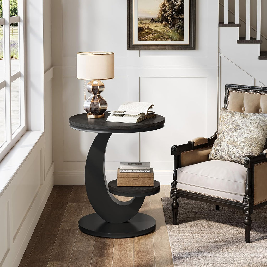 Tribesigns Round End Table, 2 Tiers Side Table with Storage Shelf, Sofa Side Bedside Nightstand with Wood Metal Arc-Shaped Frame for Small Spaces, Living Room, Bedroom, Easy to Assemble, Black (1PCS)