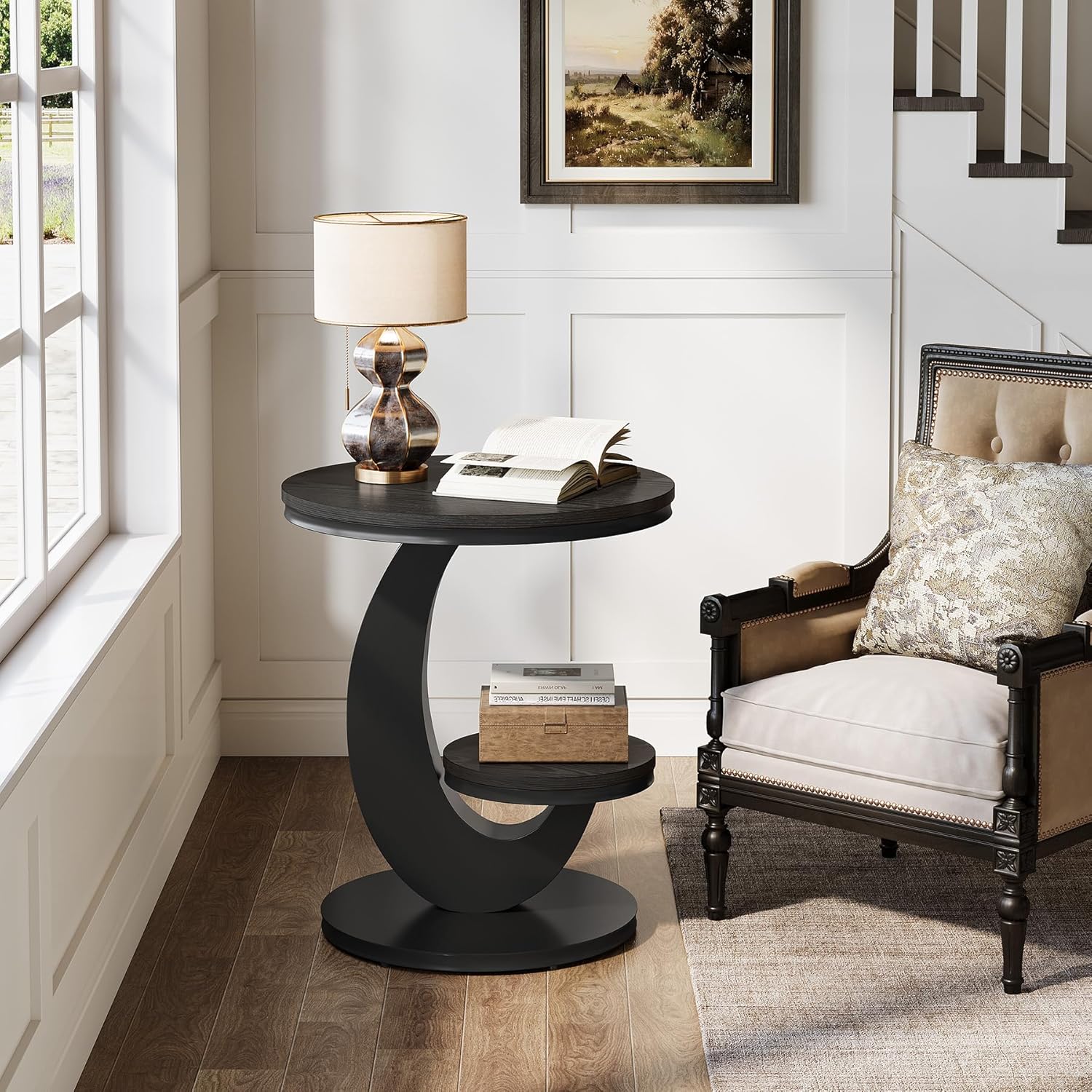 Tribesigns Round End Table, 2 Tiers Side Table with Storage Shelf, Sofa Side Bedside Nightstand with Wood Metal Arc-Shaped Frame for Small Spaces, Living Room, Bedroom, Easy to Assemble, Black (1PCS)
