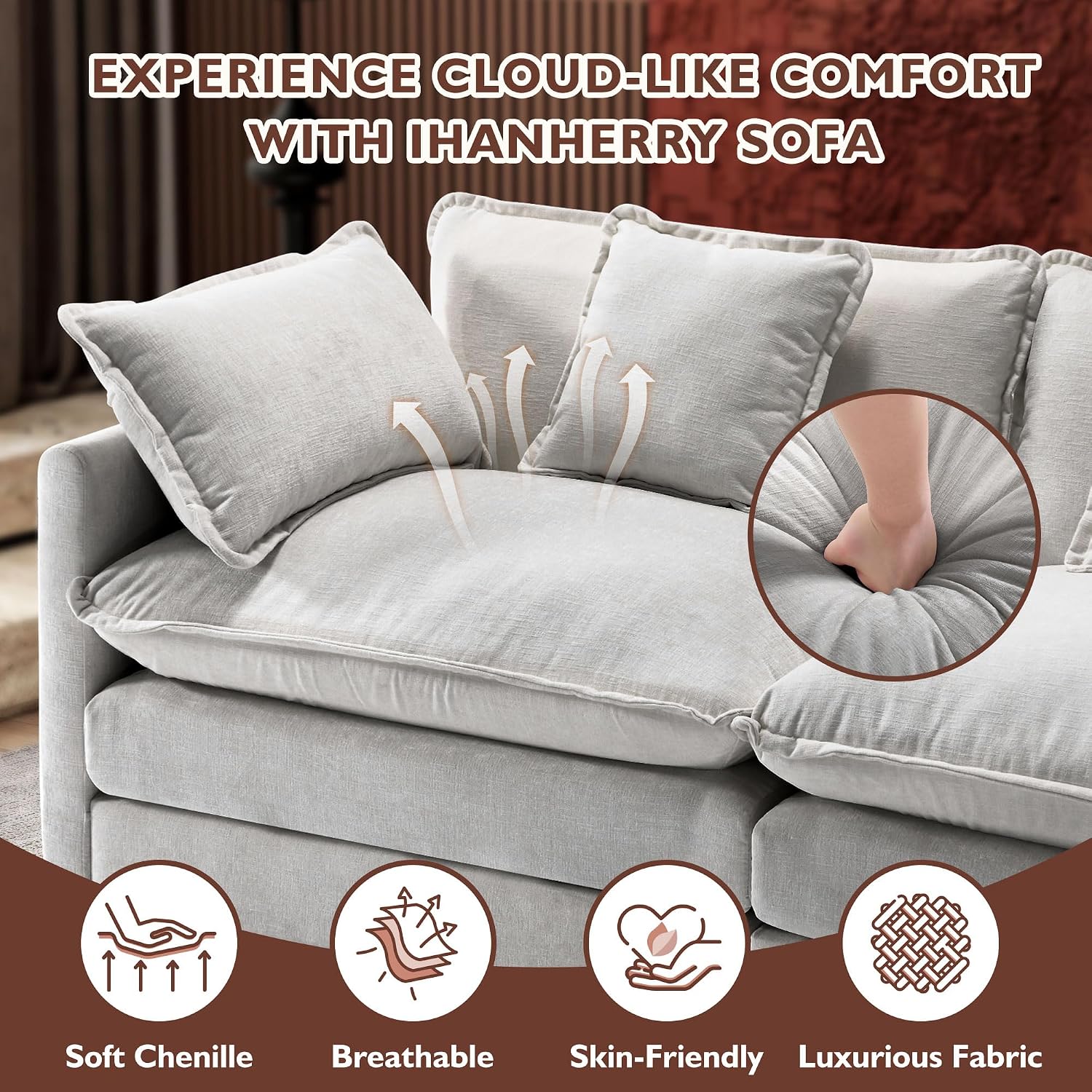 Ihanherry 111.4 Inch 3-Seater Cloud Sofa, Modular Sectional Couch, Modern Deep Seat Sofa for Living Room, Comfy Double Layer Upholstered Seat Cushion, Breathable Chenille Fabric, Grey