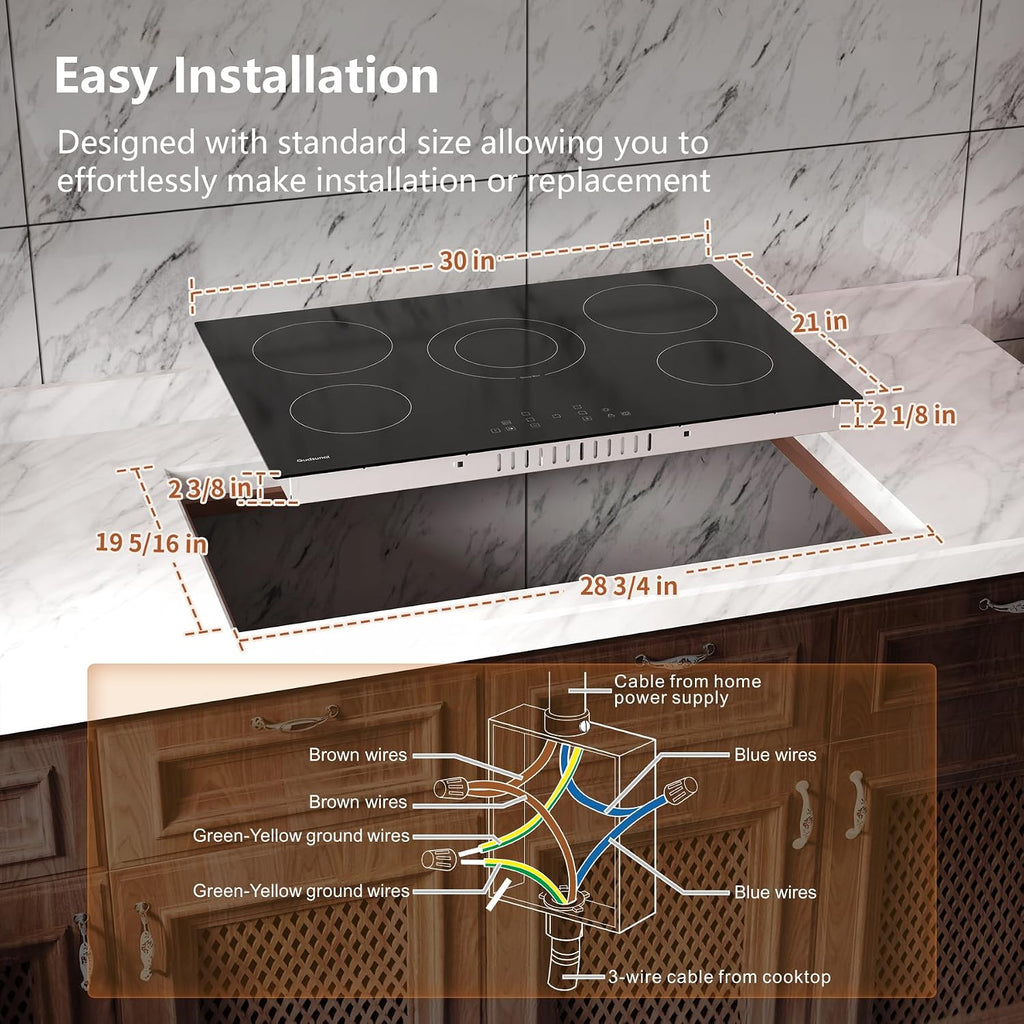 30 Inch Electric Cooktop 5 Burners,3000 Watt Dual-Ring Burner for Quick Boil,Shatterproof Glass, Keep Warm Setting, 9 Heating Level,9000W, Drop-in Electric Stove Top,Gray