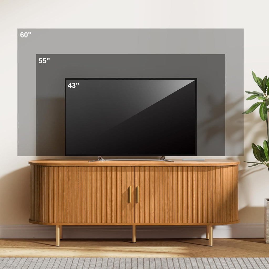 DHH 55 Inch Mid Century Modern TV Stand with Power Outlet for TVs up to 60 Inch, Entertainment Center with Storage and Adjustable Shelves, Media Console with Sliding Doors for Living Room(Yellow)