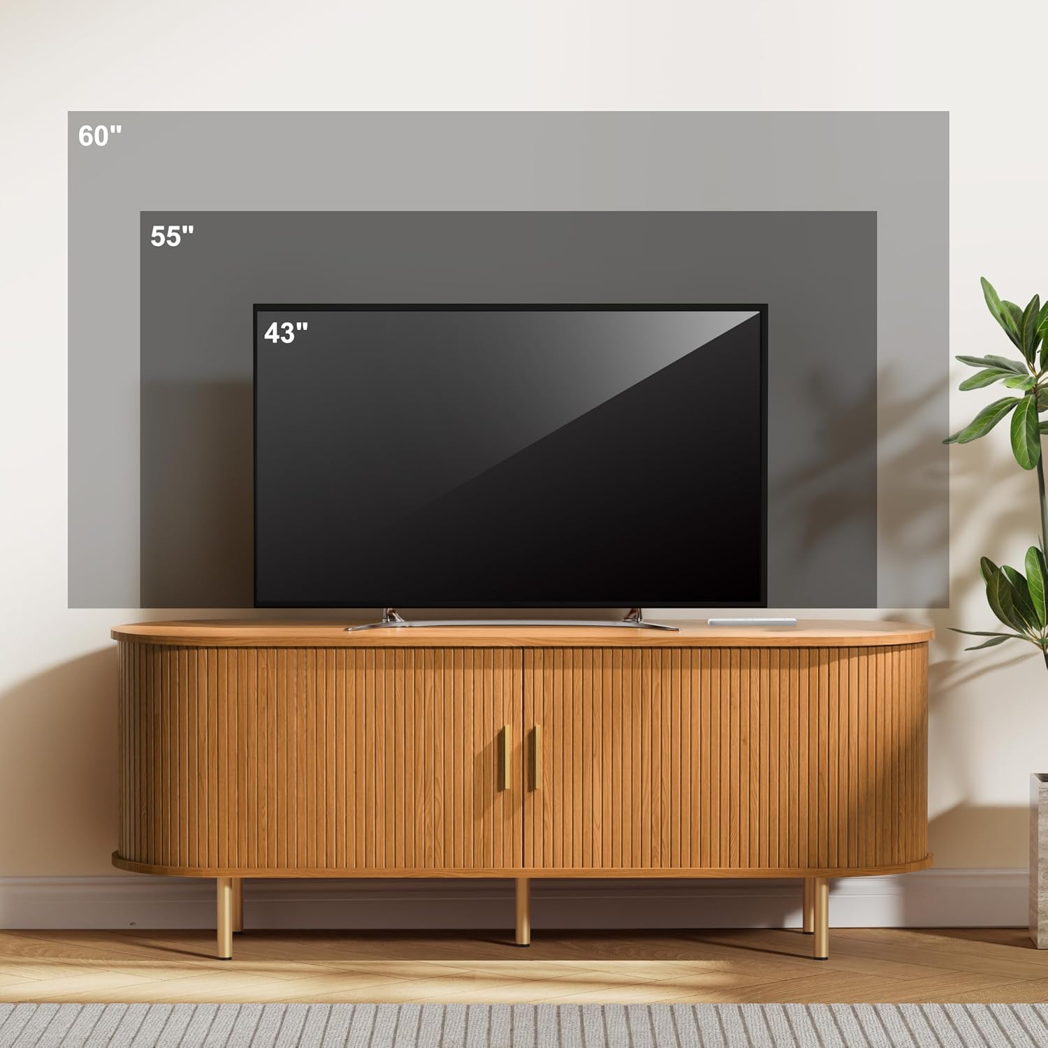 DHH 55 Inch Mid Century Modern TV Stand with Power Outlet for TVs up to 60 Inch, Entertainment Center with Storage and Adjustable Shelves, Media Console with Sliding Doors for Living Room(Yellow)