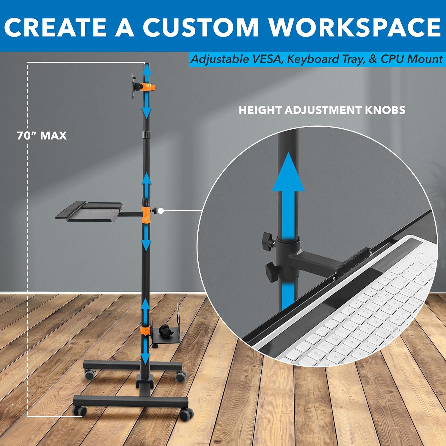 Mount-It! Rolling Computer Cart on Wheels, Mobile Desk Workstation with Monitor Mount for up to 32' Screen, Full Keyboard Tray, Floating Adjustable CPU Holder, Standing up to 70' Tall