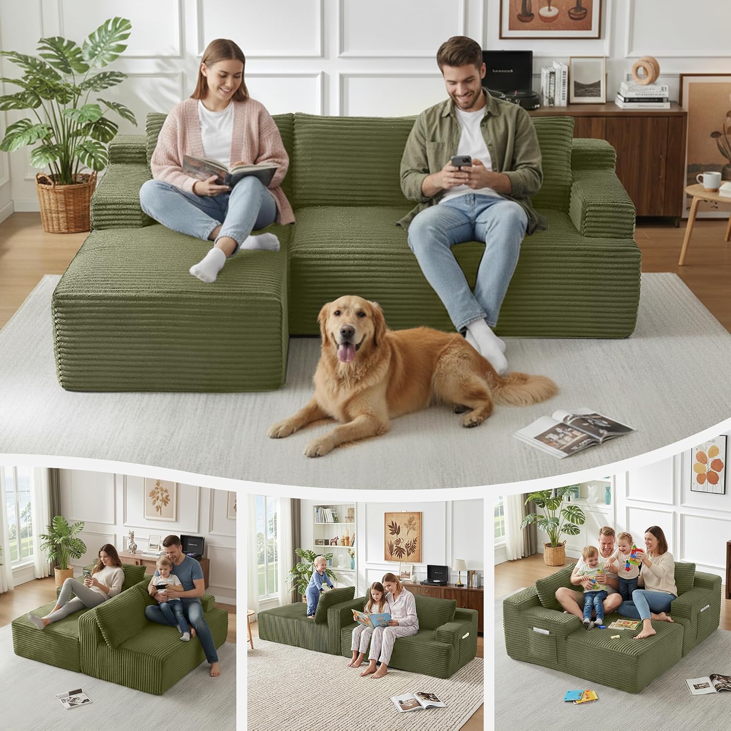 Modular Sectional Sofa Couches, 96' L-Shaped Cloud Boneless Couch with Left Chaise Lounge & Side Pockets for Living Room | No Assembly Required | Corduroy Fabric, Green