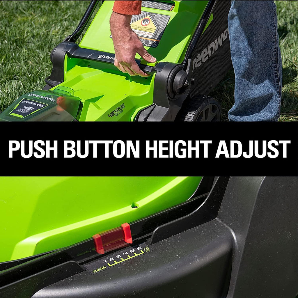 Greenworks 48V (2 x 24V) 17' Brushless Cordless Lawn Mower + 24V Drill / Driver, (2) 4.0Ah USB Batteries (USB Hub) and Dual Port Rapid Charger Included
