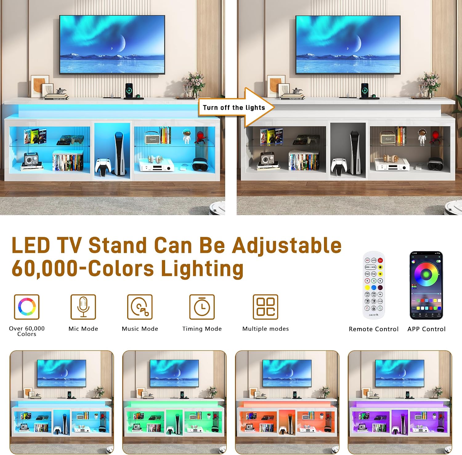 71' LED TV Stand with Power Outlet,60-Colors LED Lights For 65 70 80 in TV,High Gloss Gaming Entertainment Center w/Adjustable Shelves,White TV Console with Modern Design for Living Room Bedroom