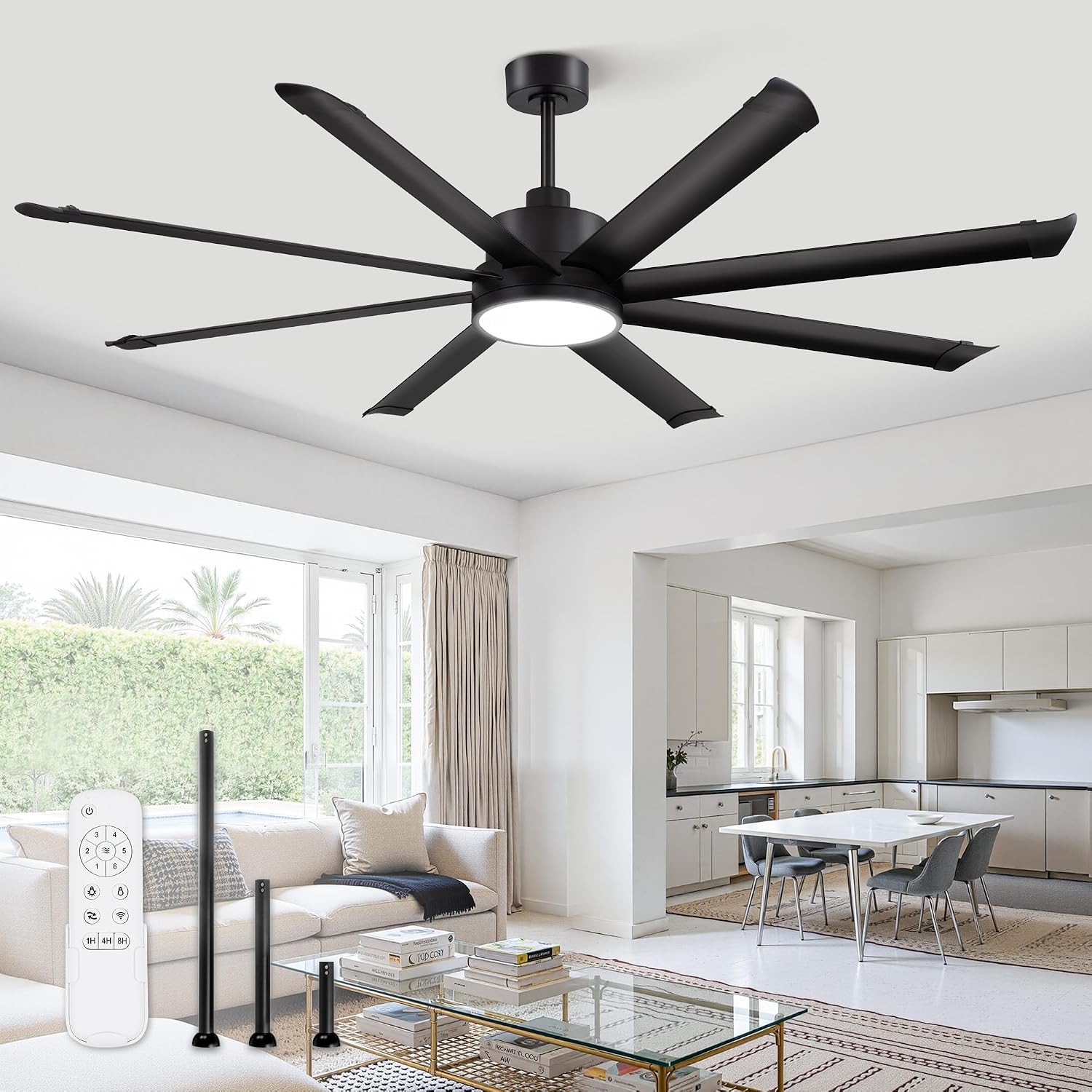 ZMISHIBO 72 Inch Ceiling Fans with Lights, Indoor/Outdoor Industrial Ceiling Fan with 8 Aluminum Reversible Blade, Quiet DC Motor, 3CCT&6-Speed Remote Control, Damp Rated for Living Room/Garage/Gazebo