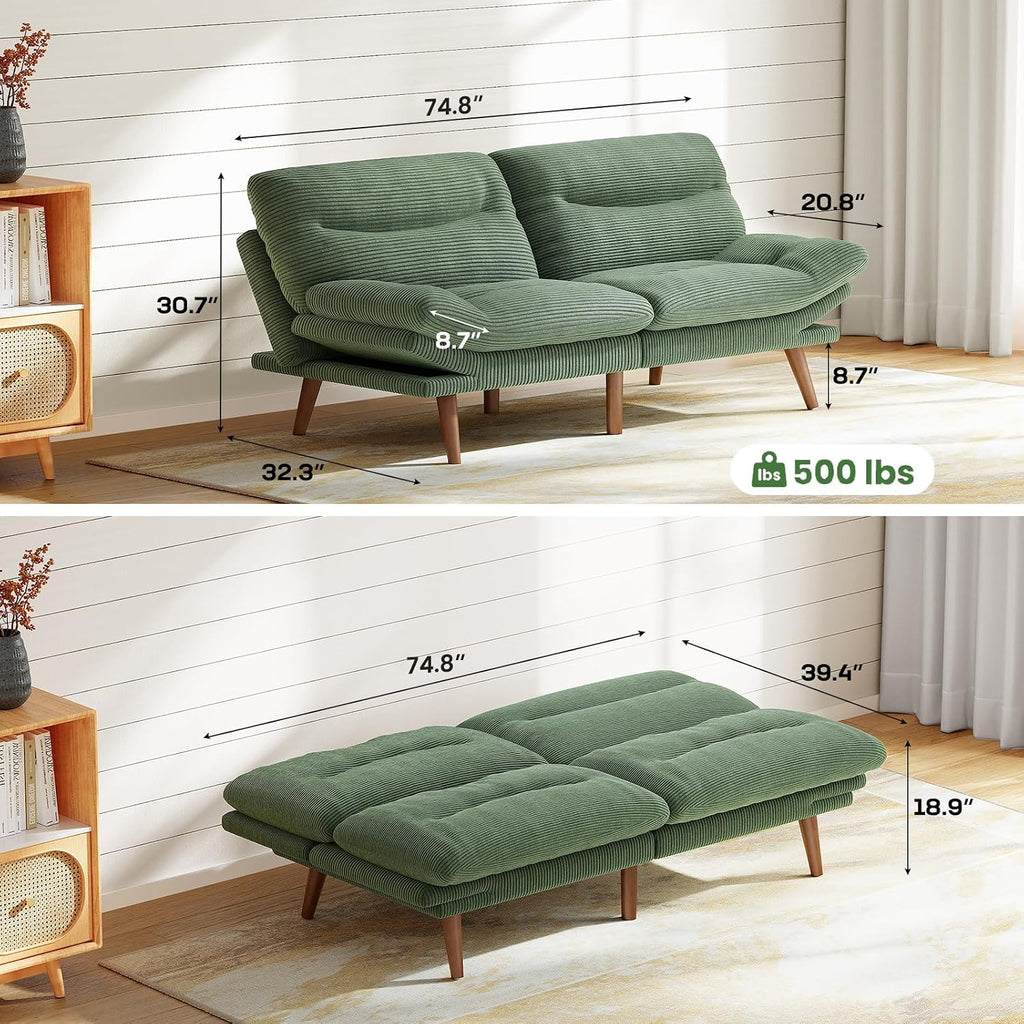 Marsail 74.8' Futon Sofa Bed, Corduroy Convertible Futon Couch with Adjustable Backrest & Armrests, Small Sleeper Sofa Loveseat for Small Apartments, Study Room, Office, Green