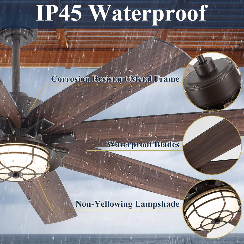 NORFOLK Outdoor Ceiling Fans with Lights, Waterproof Ceiling Fan and Remote for patios, 3 Color LED Lighting for Patios, Gazebos and Indoor, Wet Rated Farmhouse Style (60 Inch)