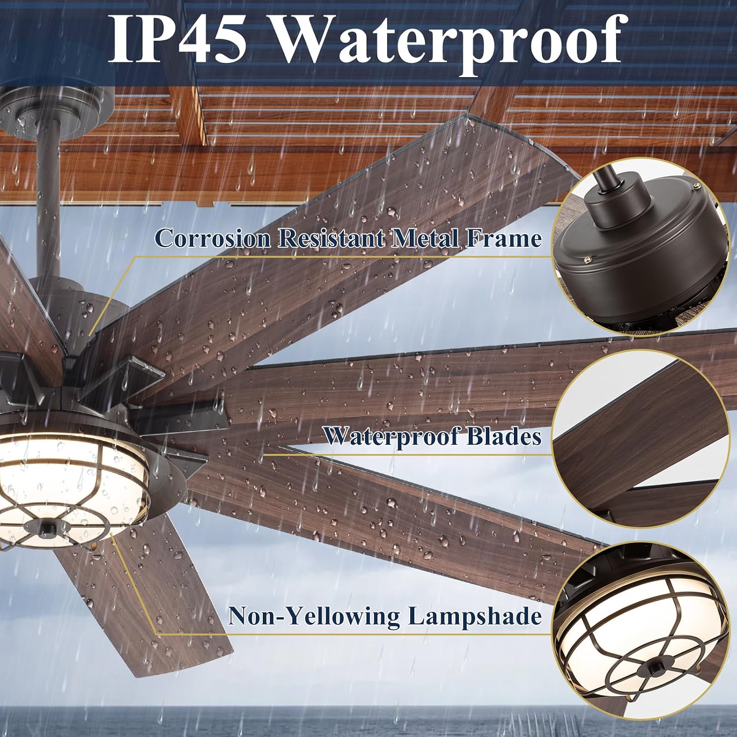 NORFOLK Outdoor Ceiling Fans with Lights, Waterproof Ceiling Fan and Remote for patios, 3 Color LED Lighting for Patios, Gazebos and Indoor, Wet Rated Farmhouse Style (60 Inch)