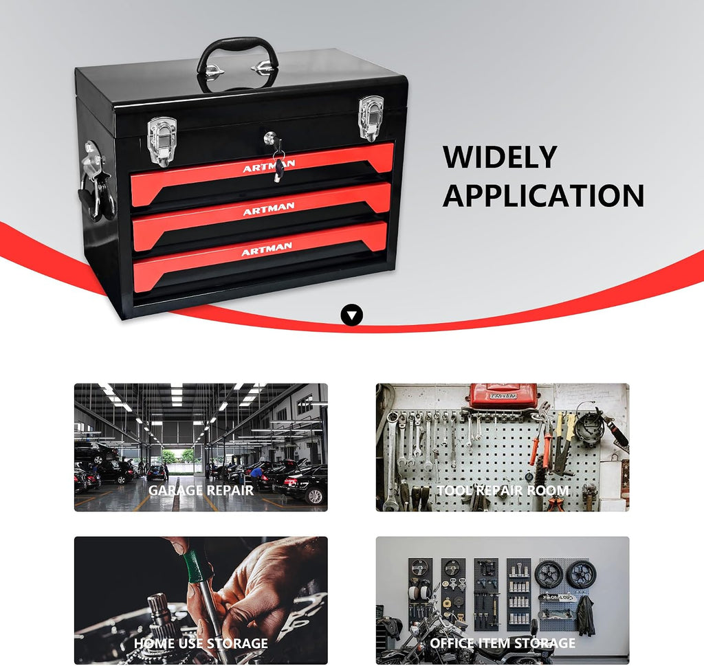 3-Drawer Handheld Toolbox, 3 Drawer Heavy Duty Metal Organizer Box with Lock, Portable Tool Organizer Case for Auto Repair, Garage, Warehouse, Workshop, Repair Shop