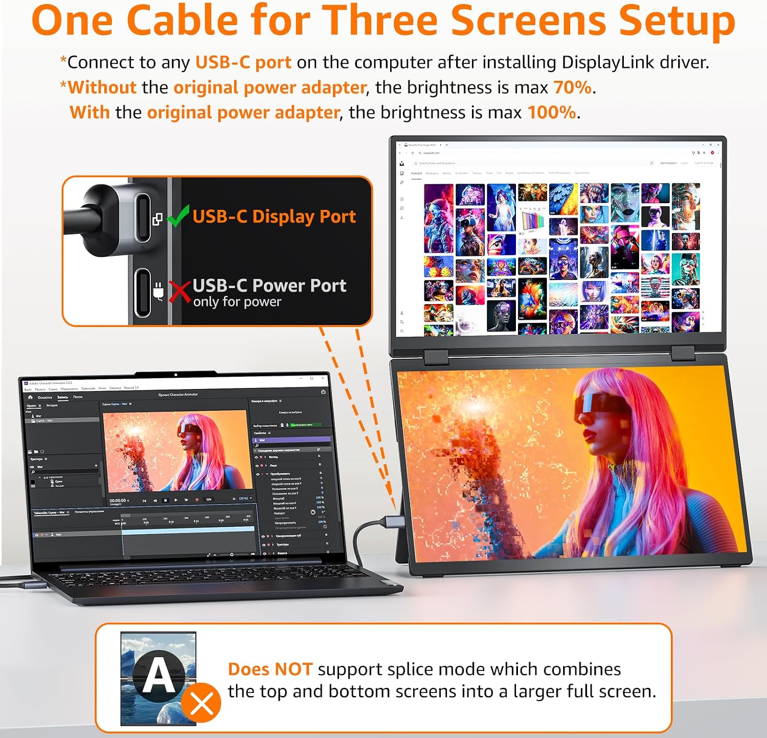 Upperizon Portable Monitor Foldable Dual Screen 15.6 inch FHD 107% sRGB IPS HDMI USB-C Travel Monitor for Laptop Mac PC Windows, DisplayLink Stacked Screen Extender with Kickstand, VESA Compatible