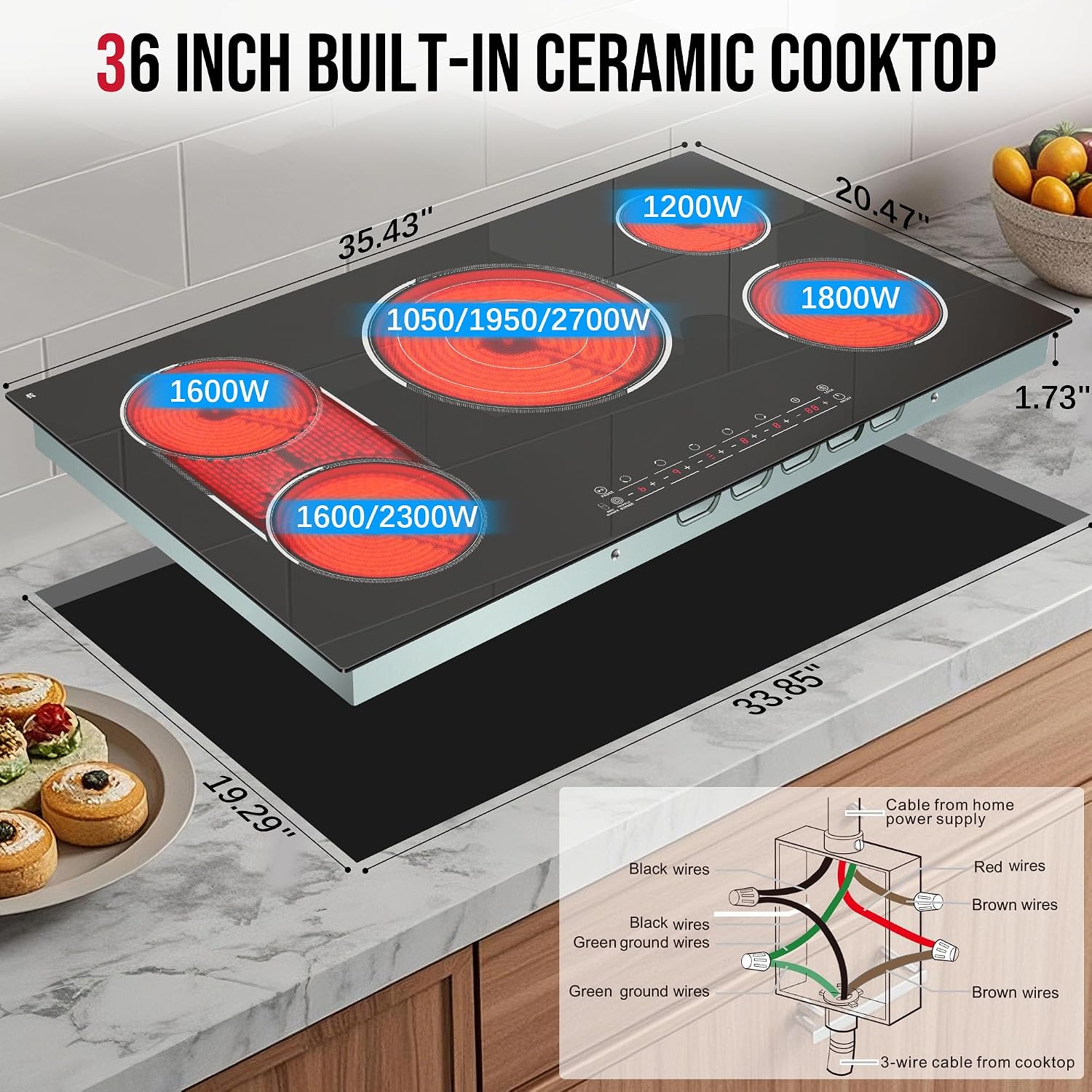 5 Burner Electric Cooktop, 36 Inch Electric Stovetop 9600W, Built-in Ceramic Hob with BBQ Burner, Touch Control, Child Safety Lock, Timer, Pause, 220-240V, Hard Wire, No Plug