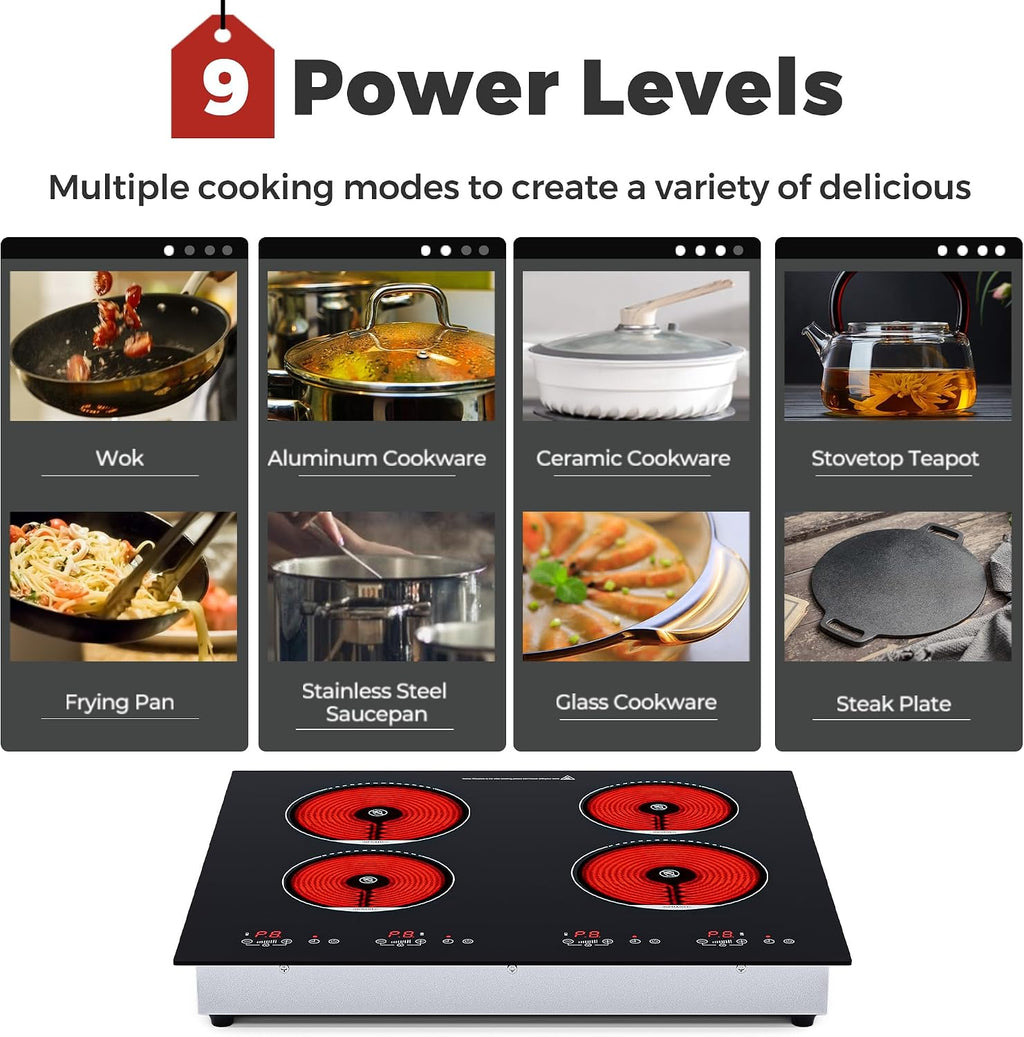 ADVWIN Electric Cooktop, 2 Burner Knob Control Plug in Built-in Ceramic Electric Stove Top with Child Safty Lock & Timer & Over-Temperature Protection & 10 Power Setting (4 burners)