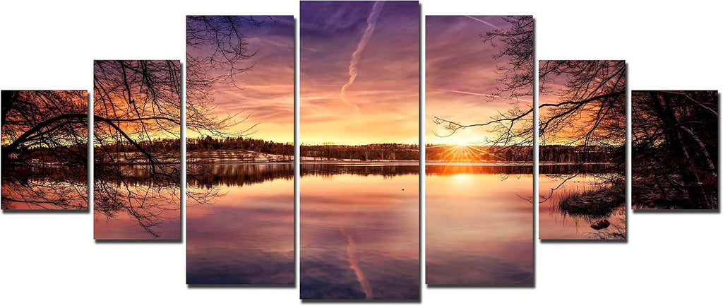 Startonight Huge Canvas Wall Art Multicolor Sunset On The Lake - Large Framed Set of 7 40' x 95'