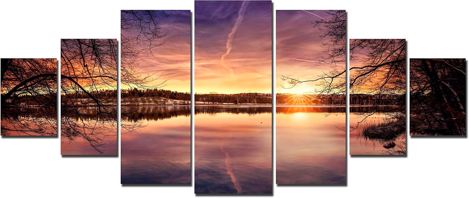 Startonight Huge Canvas Wall Art Multicolor Sunset On The Lake - Large Framed Set of 7 40' x 95'