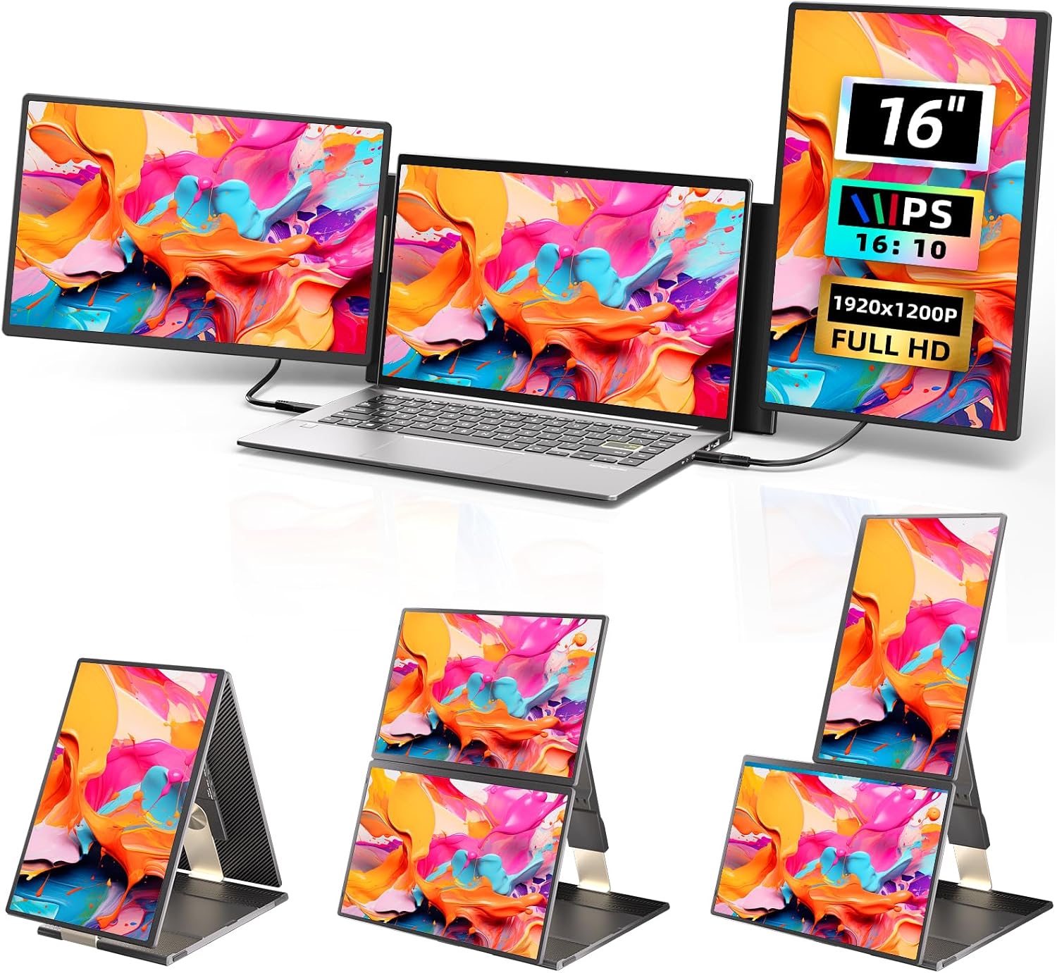 Triple Laptop Screen Extender, 16' Triple Screen Laptop Monitor Extender, FHD 1200P IPS Triple Monitor, 235° Rotation Plug&Play for Multi-Screen Work/Travel/Conference/Study