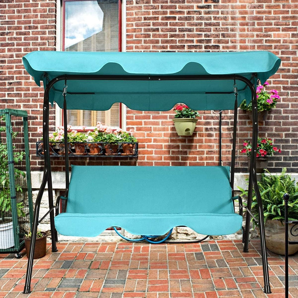 3-Seater Canopy Swing Chair, Waterproof Outdoor Swing Cushioned Seat with Adjustable & Removable Canopy, Steel Frame Polyester Fabric Oxford Cloth Patio Hammock Cover Top (Turquoise)
