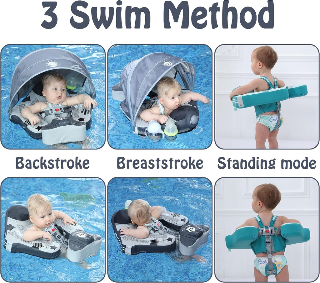 Mambobaby Float Upgrade Add Tail Baby Float with Canopy for Infant Waist Swimming Ring Swim Trainer Non-Inflatable Floats Toys with Adjustable Safety Strap (Grey Airplane)