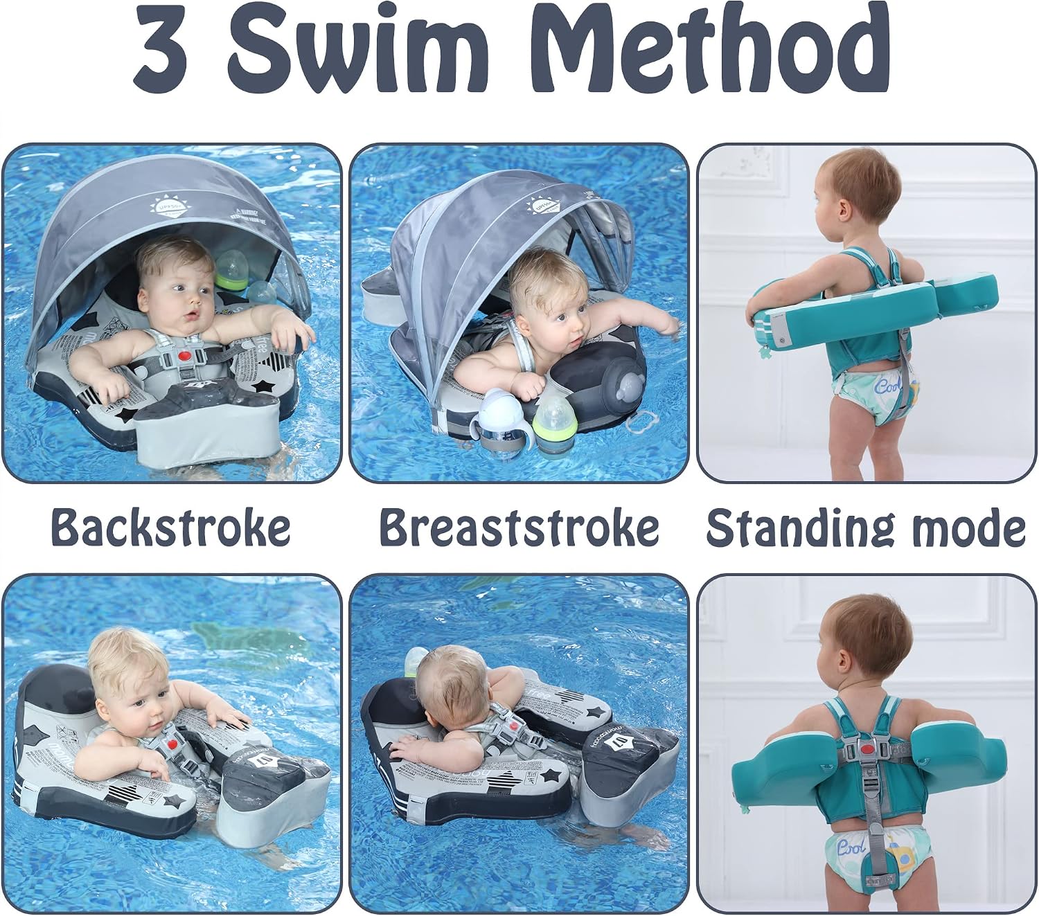 Mambobaby Float Upgrade Add Tail Baby Float with Canopy for Infant Waist Swimming Ring Swim Trainer Non-Inflatable Floats Toys with Adjustable Safety Strap (Grey Airplane)