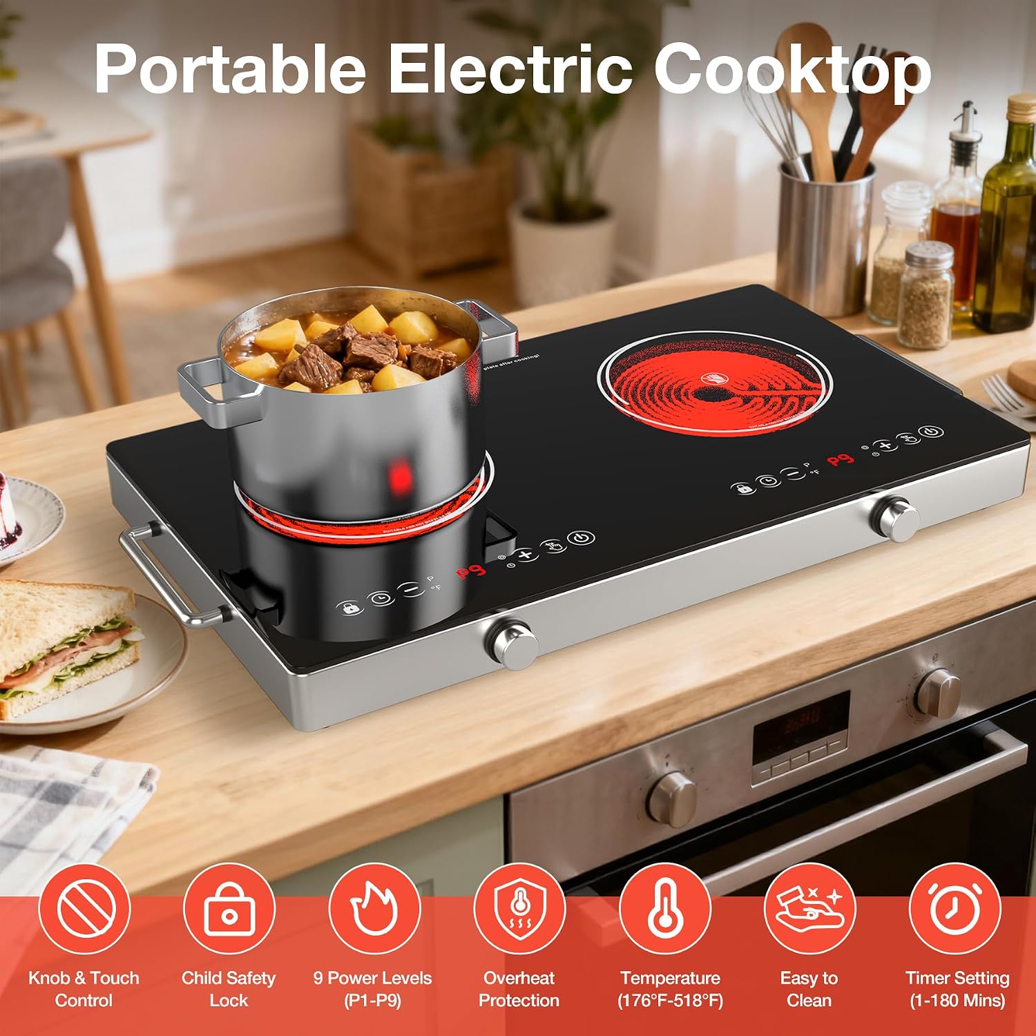 2 Burner Electric Cooktop 110V, 4000W Portable Electric Stove Infrared Hot Plate, 24 inch Countertop Burners with Handle, 3-Hours Timing Setting & Kid Safety Lock, Compatible for All Cookwares