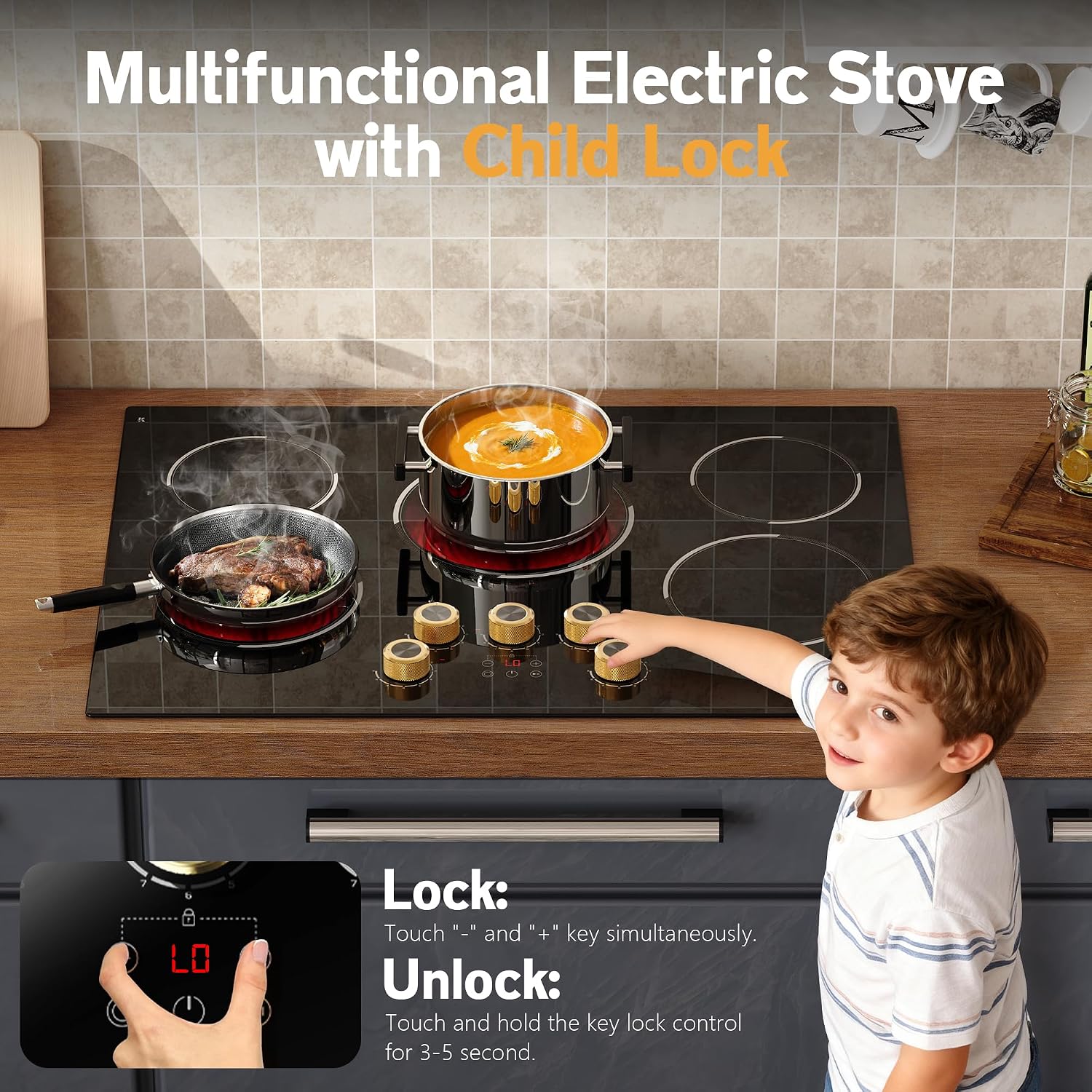 30 Inch Electric Cooktop, 30' Electric Stove 8500W, 5 Burner Ceramic Cook Top Built-in, Knob & Touch Control, Expanded Zone, Child Lock, Pause Function, 220V - 240V Hard Wire, No Plug